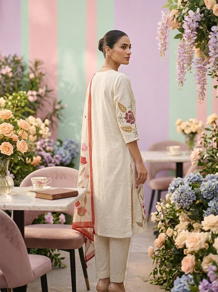 Neerus White cotton thread embroidered suit set - side view