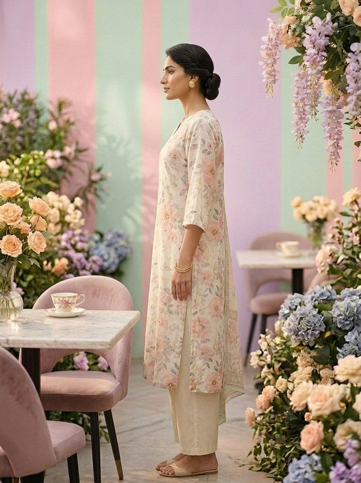Neerus Beige linen printed suit set - detail view 1
