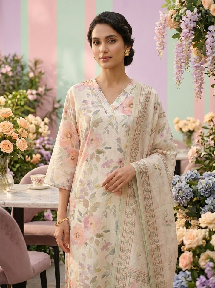 Neerus Beige linen printed suit set - detail view 2