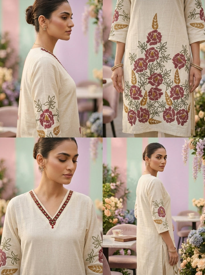 Neerus White cotton thread embroidered suit set - detail view 1
