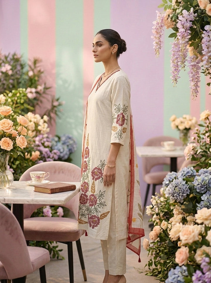 Neerus White cotton thread embroidered suit set - detail view 2