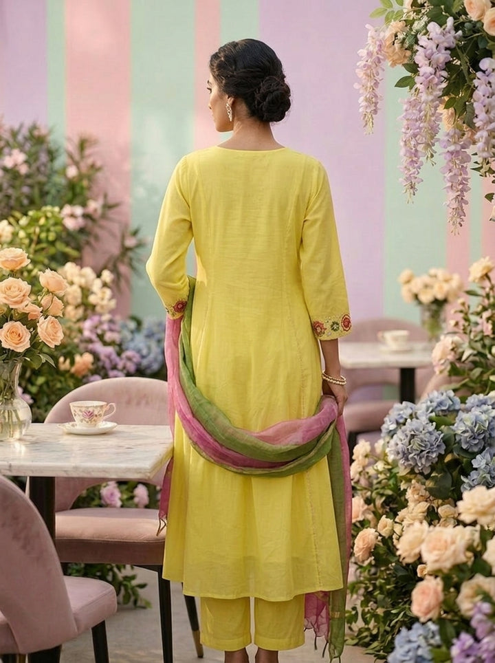 Neerus Yellow Chanderi thread embroidered suit set - back view