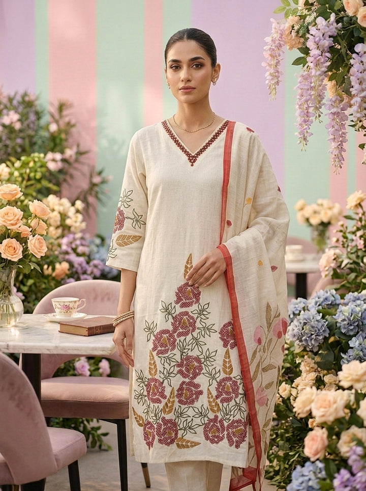 Neerus White cotton thread embroidered suit set - detail view 3
