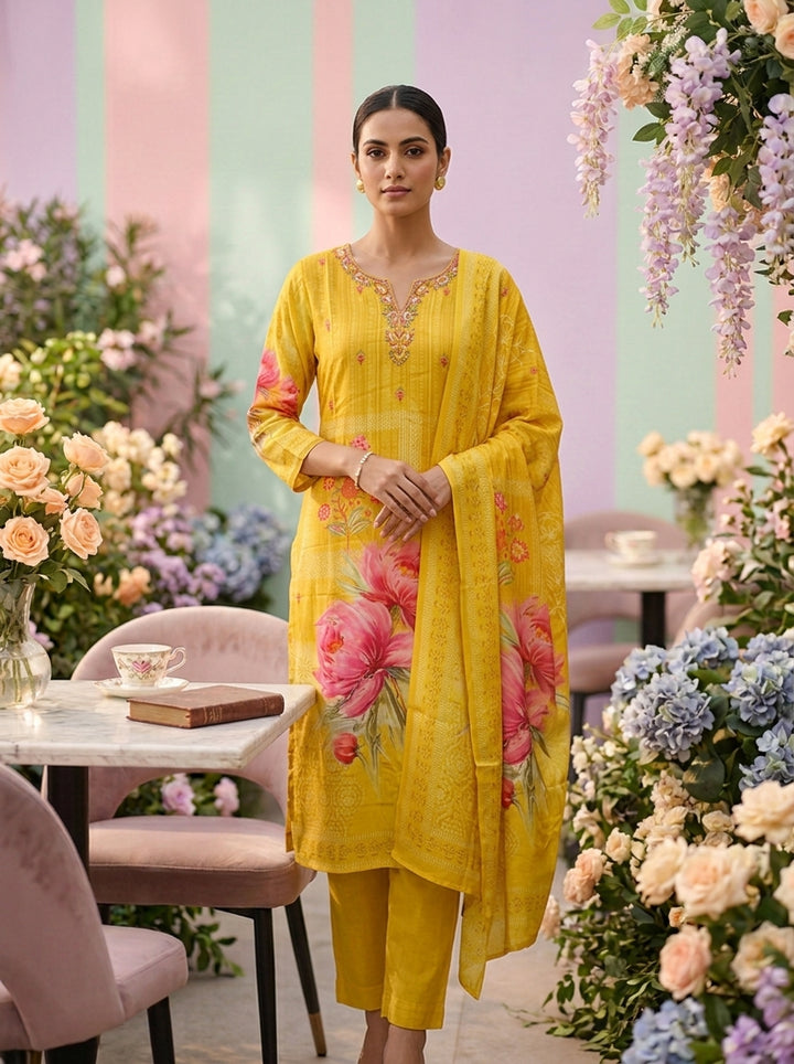Yellow Crepe Floral Printed Three Piece Set