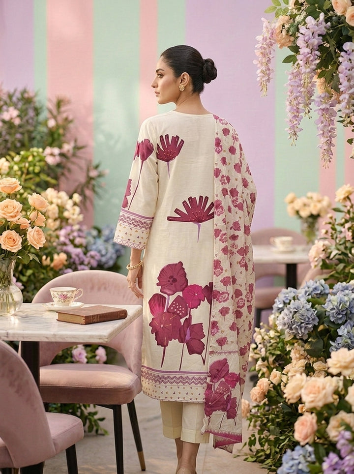 Neerus Maroon cotton printed suit set - back view