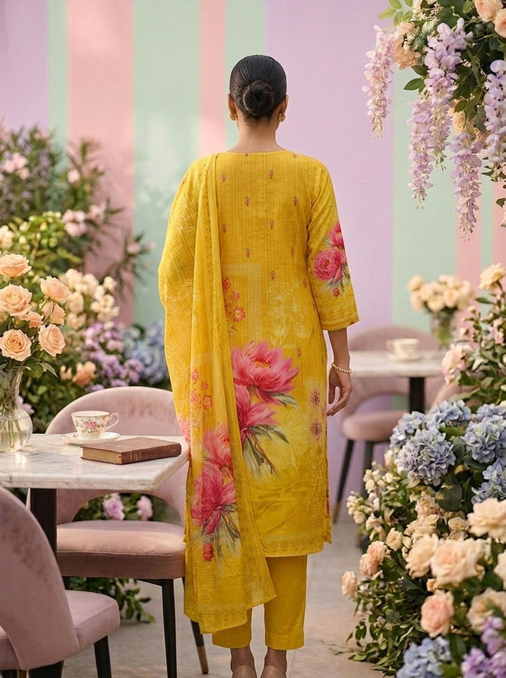 Yellow Crepe Floral Printed Three Piece Set