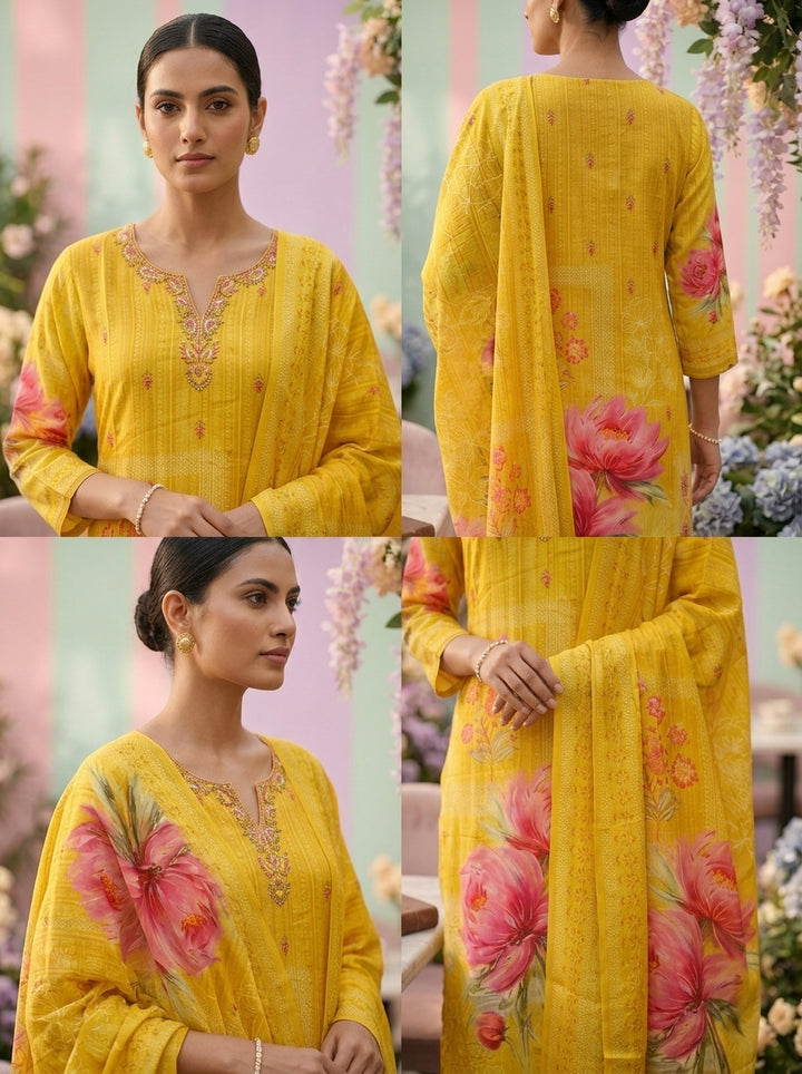 Yellow Crepe Floral Printed Three Piece Set