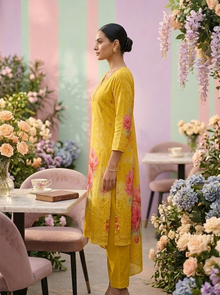 Yellow Crepe Floral Printed Three Piece Set