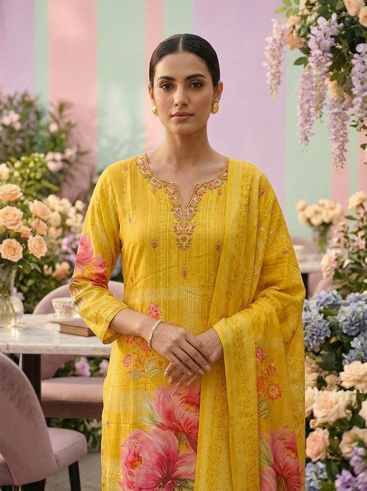 Yellow Crepe Floral Printed Three Piece Set