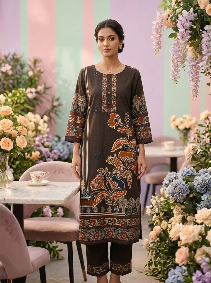 Neerus Brown cotton digital printed suit set - front view