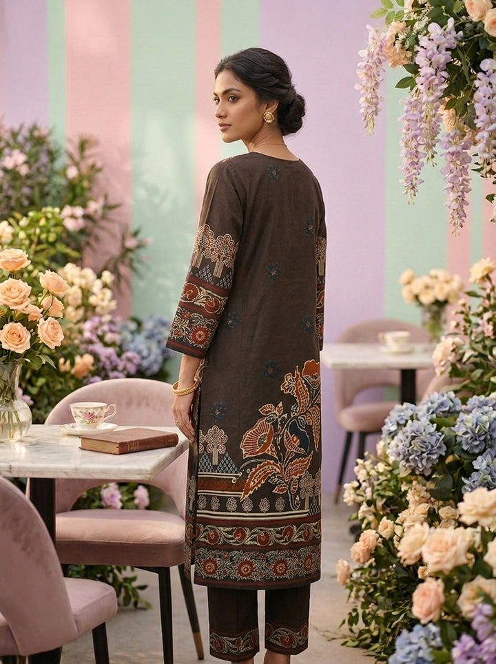 Neerus Brown cotton digital printed suit set - back view