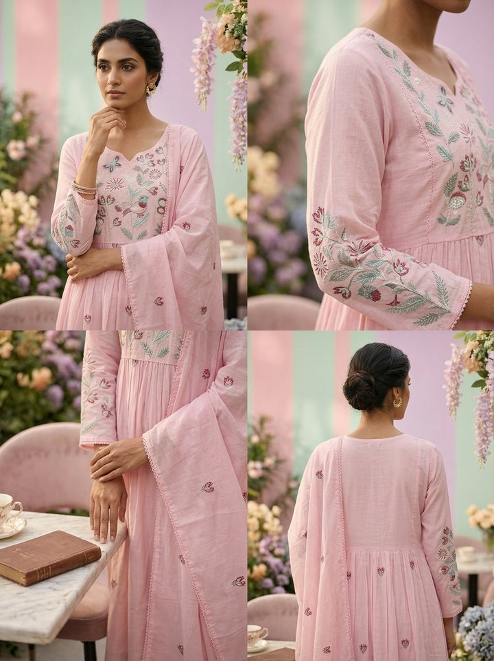 Neerus Pink cotton hand embroidered suit set - side view