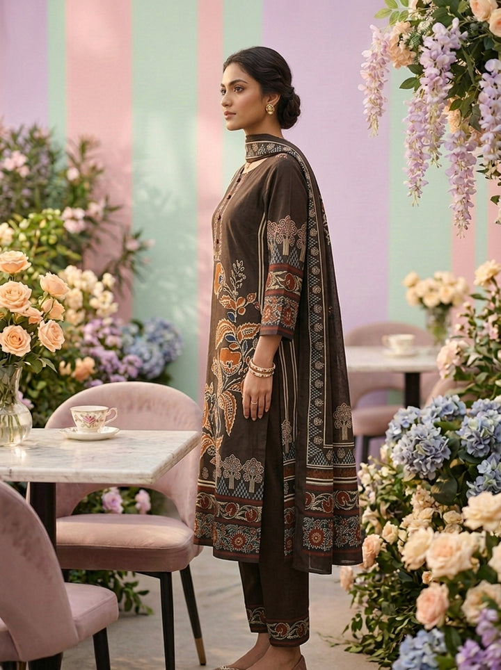 Neerus Brown cotton digital printed suit set - detail view 1