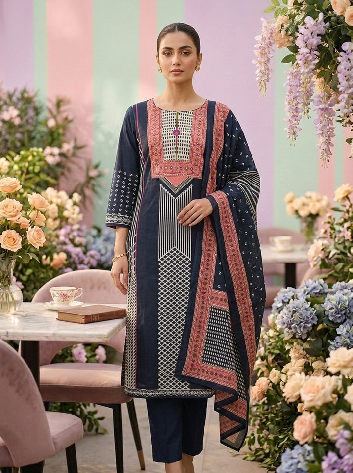 Navy Blue Cotton Printed Three Piece Set