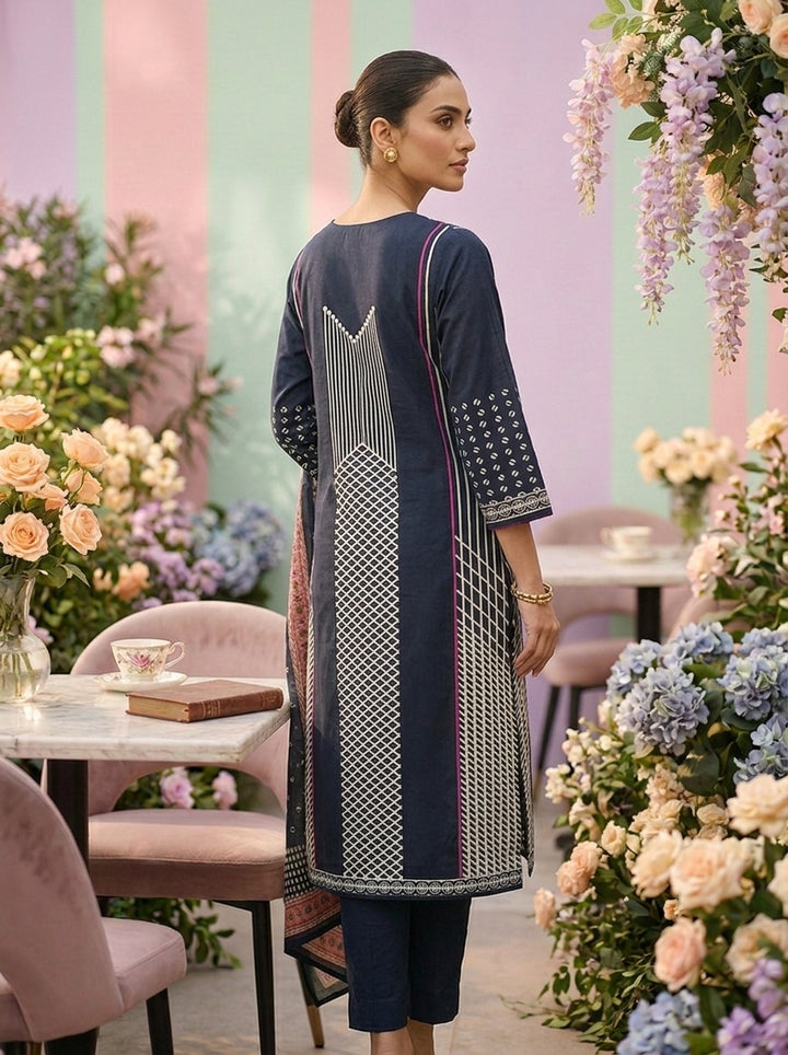 Navy Blue Cotton Printed Three Piece Set