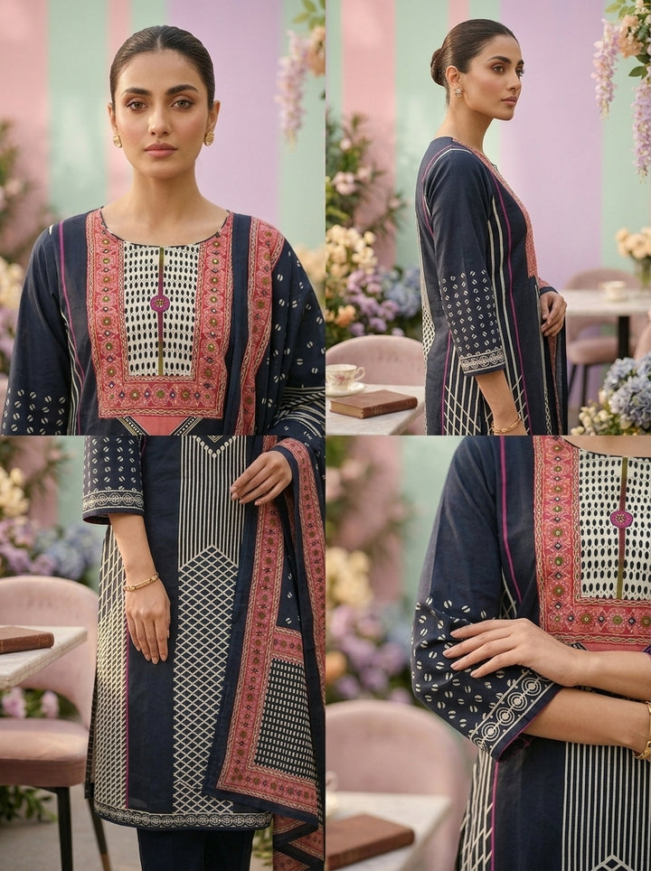 Navy Blue Cotton Printed Three Piece Set