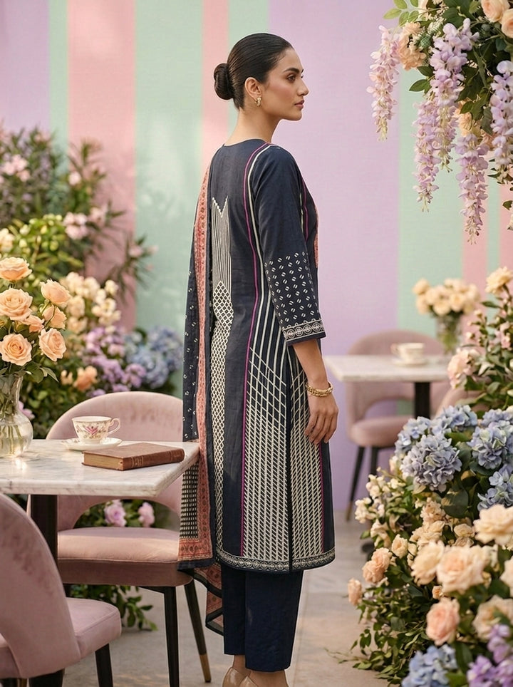 Navy Blue Cotton Printed Three Piece Set