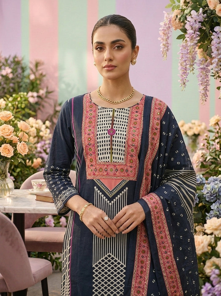 Navy Blue Cotton Printed Three Piece Set