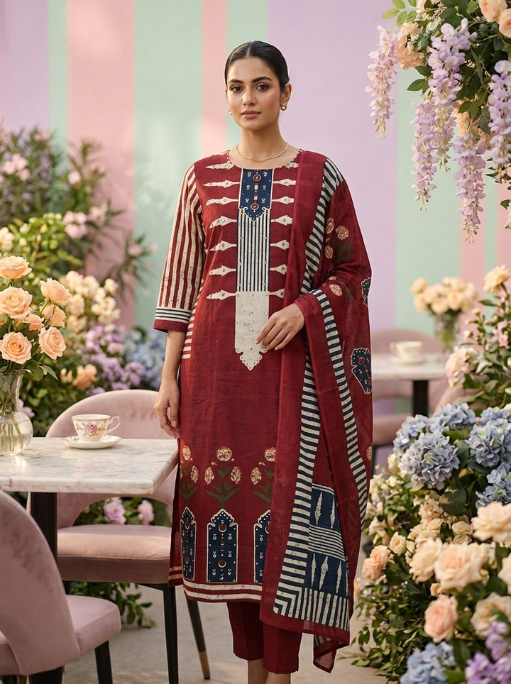 Maroon Cotton Printed Three Piece Set