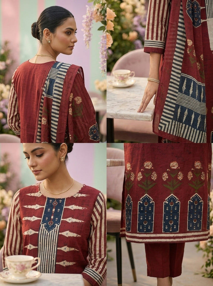 Maroon Cotton Printed Three Piece Set