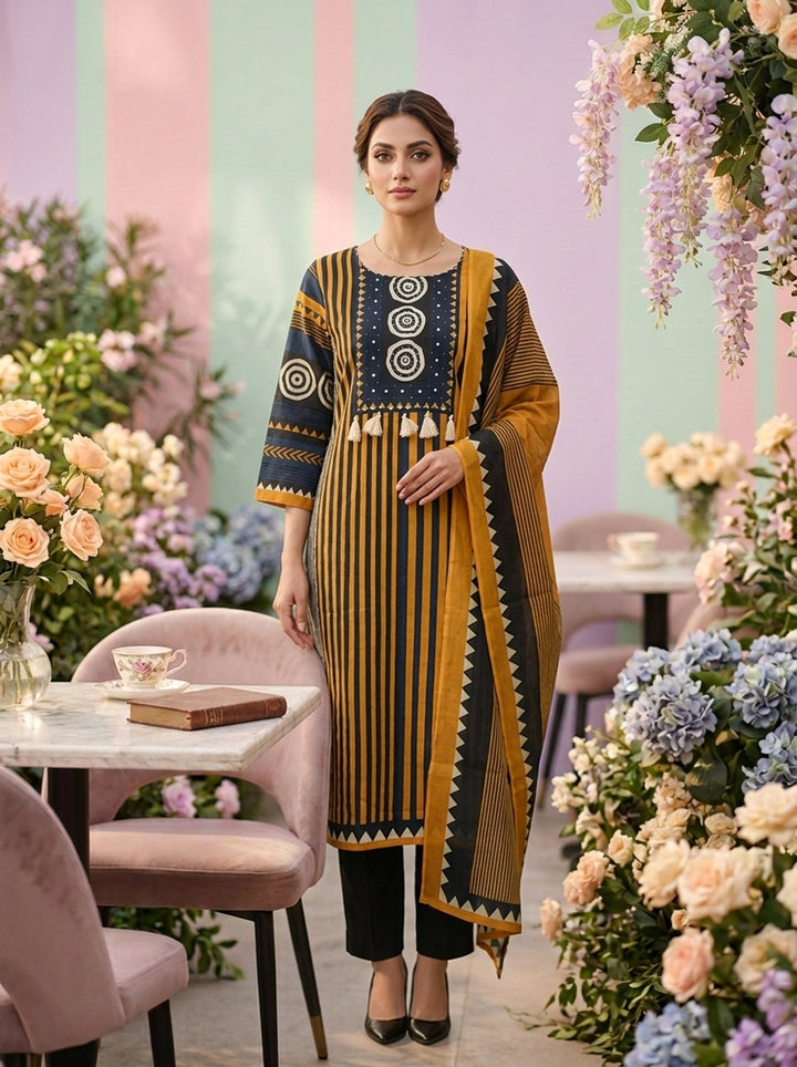 Mustard Cotton Striped Printed Three Piece Set