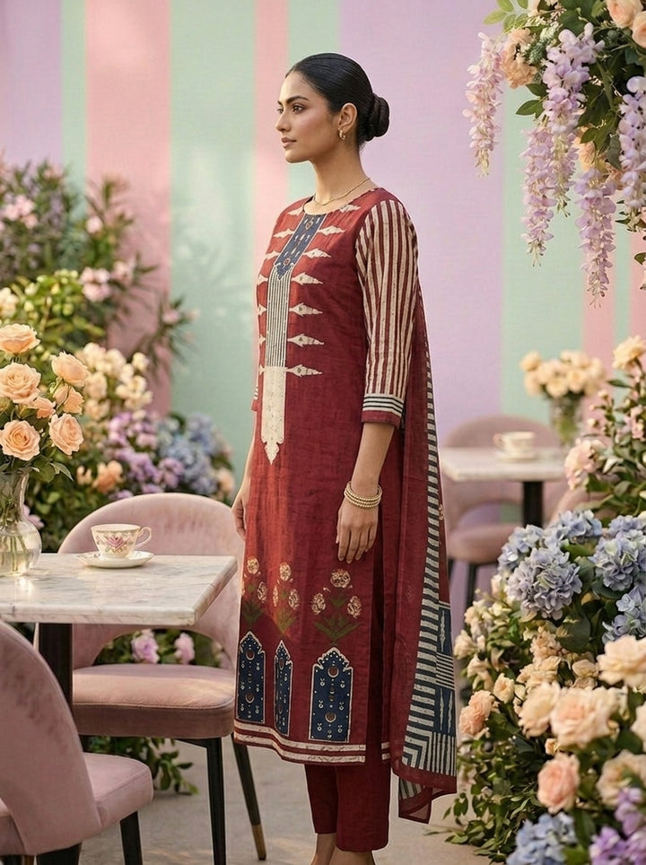 Maroon Cotton Printed Three Piece Set