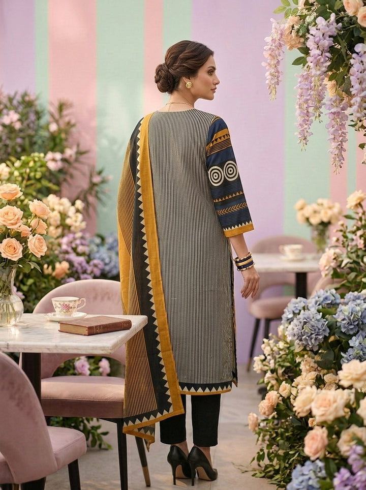 Mustard Cotton Striped Printed Three Piece Set