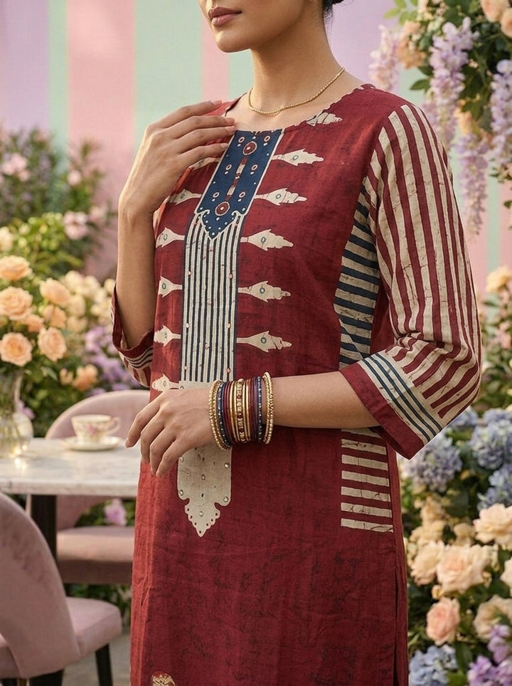 Maroon Cotton Printed Three Piece Set