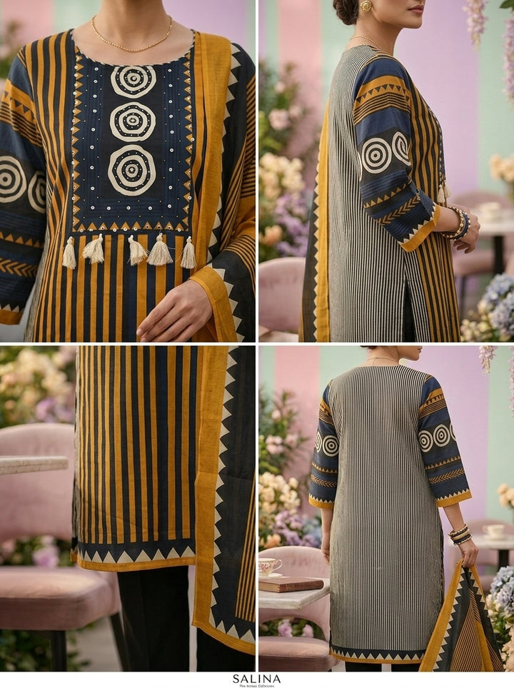 Mustard Cotton Striped Printed Three Piece Set