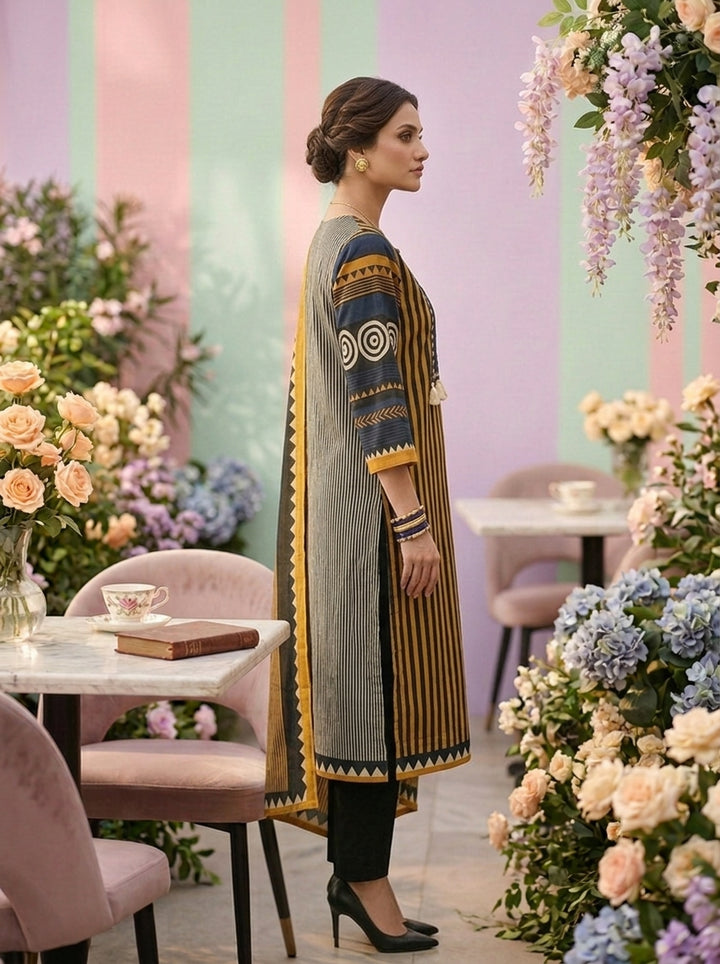 Mustard Cotton Striped Printed Three Piece Set