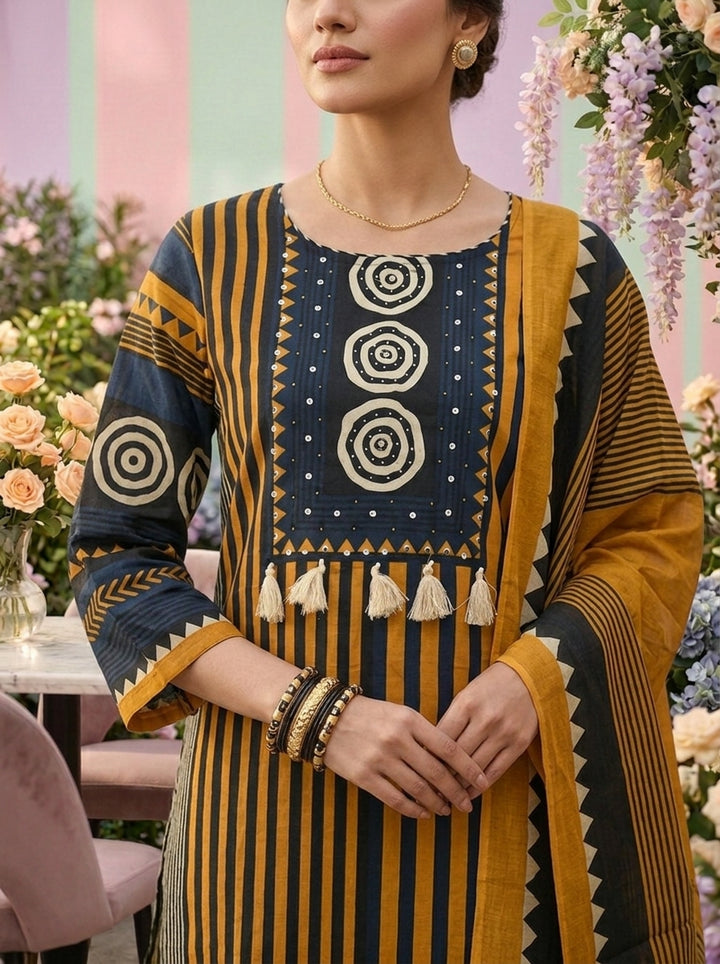 Mustard Cotton Striped Printed Three Piece Set