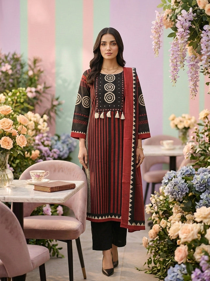 Maroon Cotton Floral Printed Three Piece Set