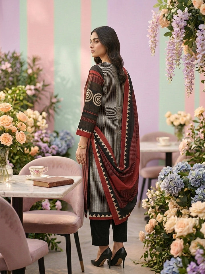 Maroon Cotton Floral Printed Three Piece Set