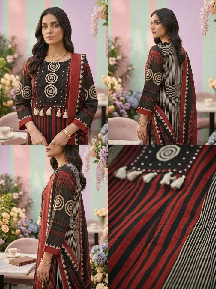 Maroon Cotton Floral Printed Three Piece Set