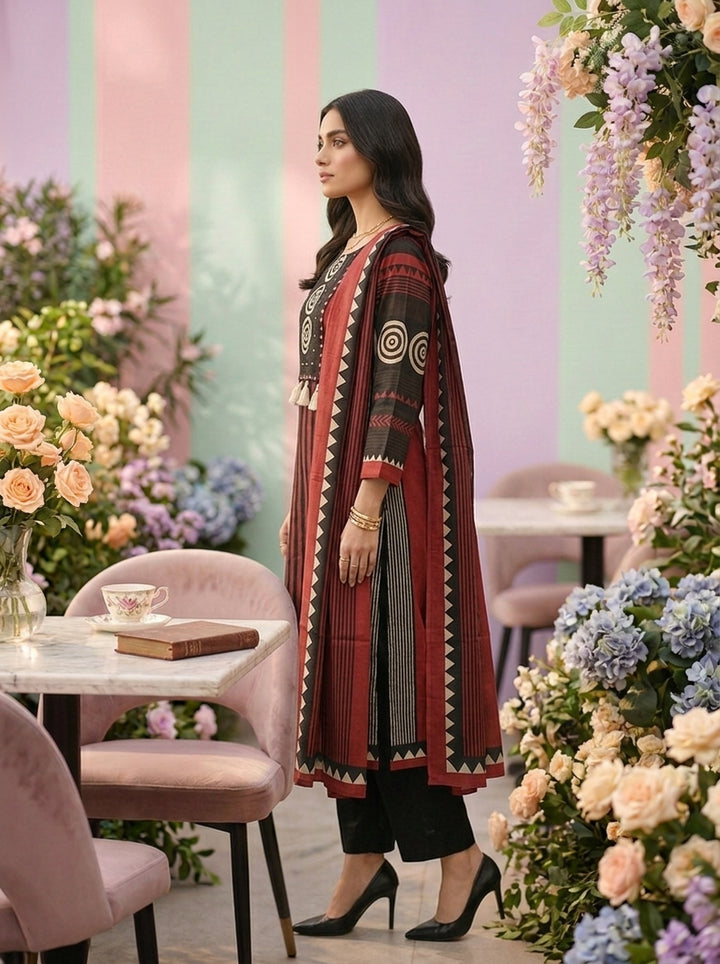 Maroon Cotton Floral Printed Three Piece Set