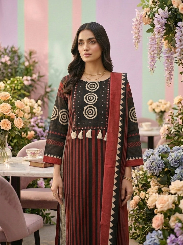 Maroon Cotton Floral Printed Three Piece Set