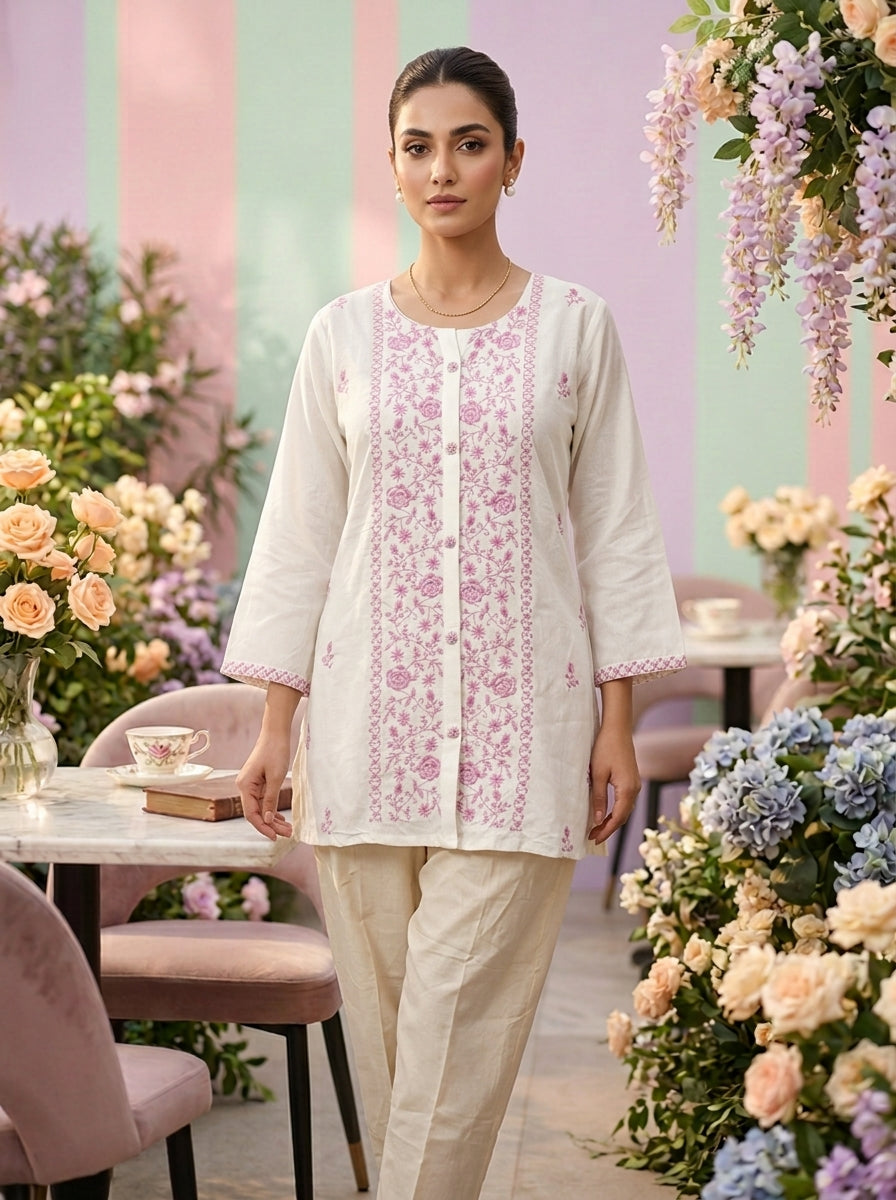 Neerus Purple linen thread embroidered kurti - front view