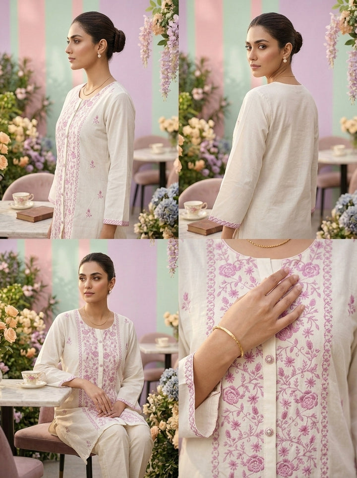 Neerus Purple linen thread embroidered kurti - side view