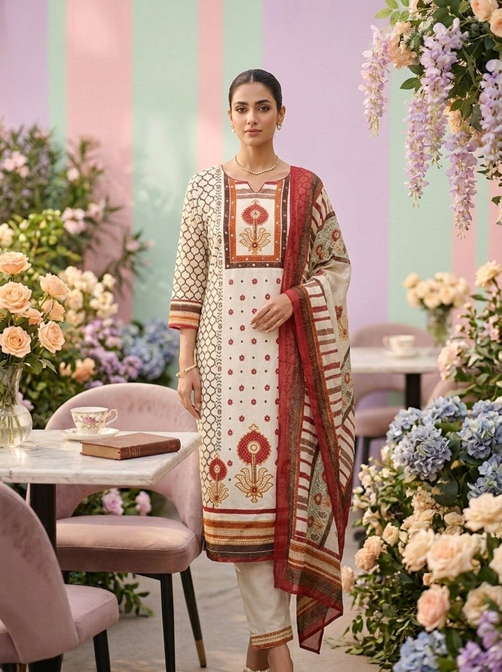 Neerus Brown cotton printed suit set - front view
