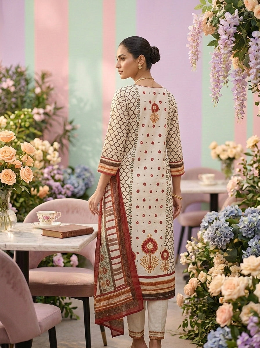 Neerus Brown cotton printed suit set - back view