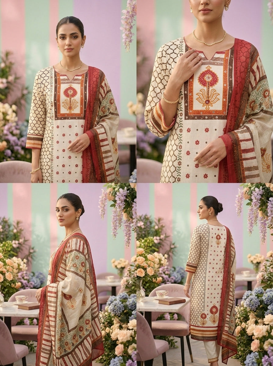 Neerus Brown cotton printed suit set - side view