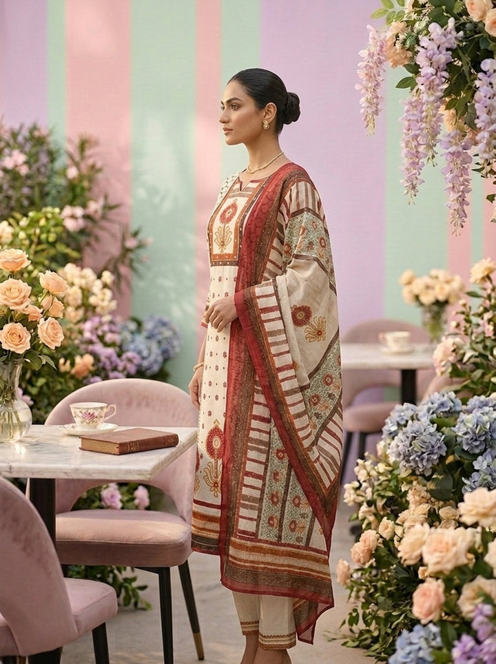 Neerus Brown cotton printed suit set - detail view 1