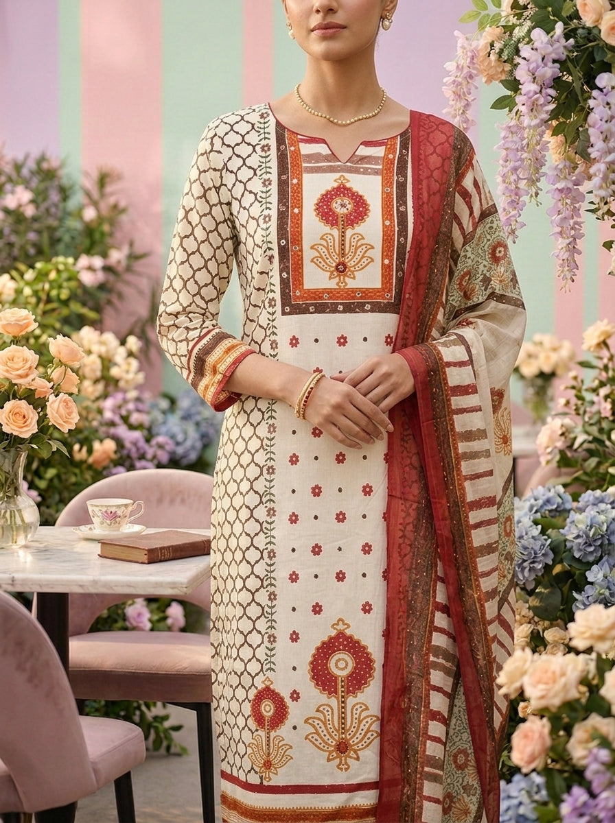 Neerus Brown cotton printed suit set - detail view 2