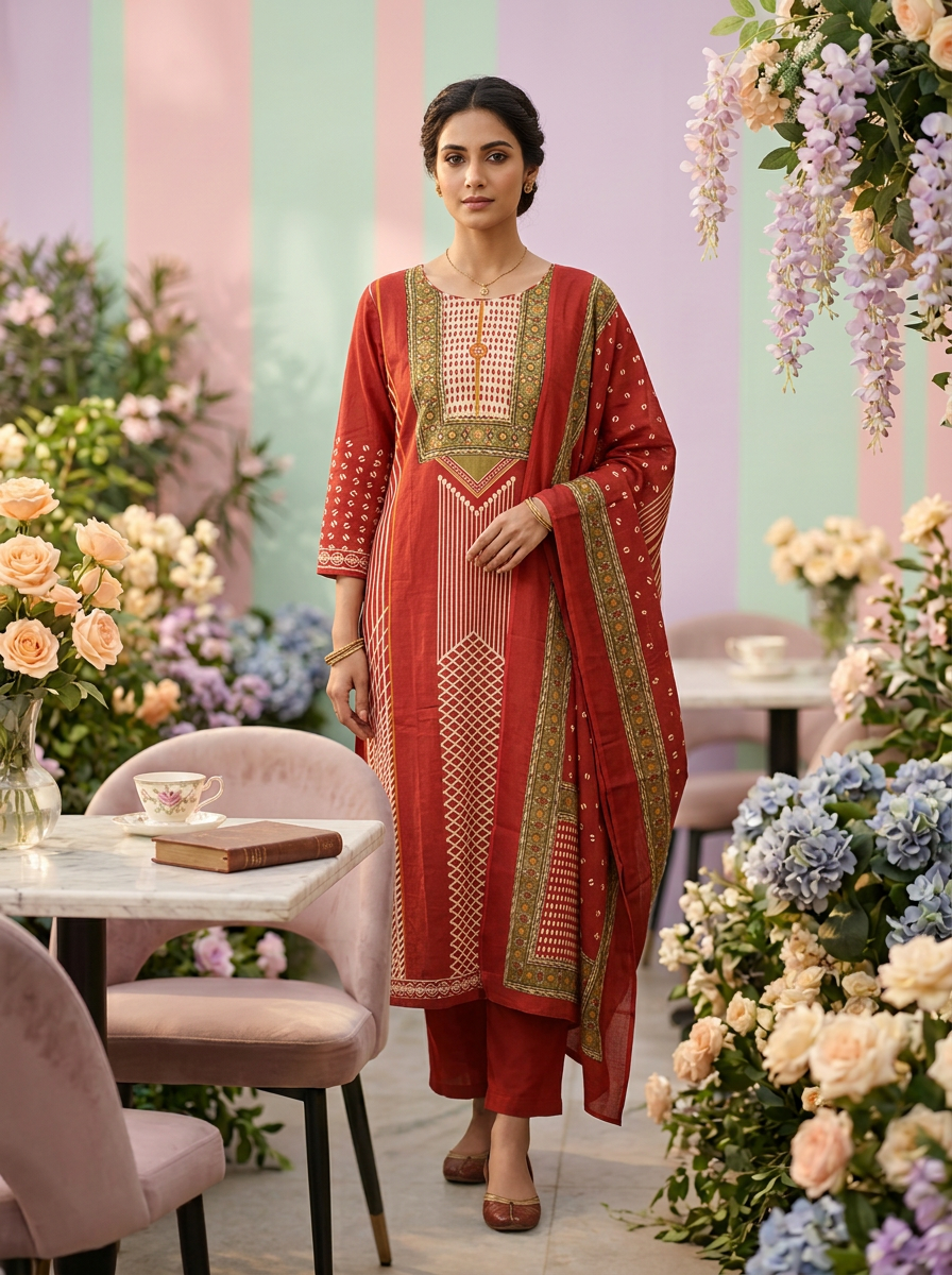 Neerus Maroon cotton printed suit set - front view