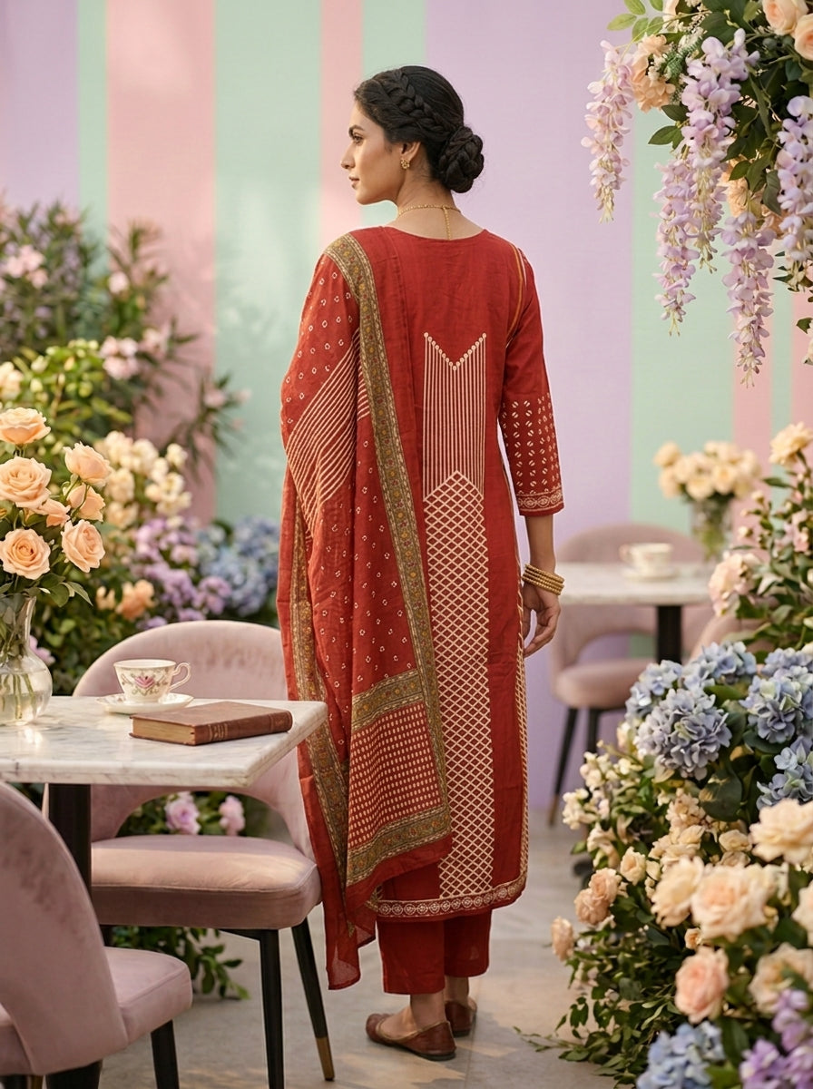 Neerus Maroon cotton printed suit set - back view