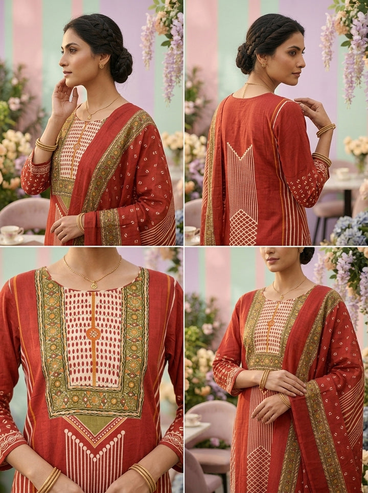 Neerus Maroon cotton printed suit set - side view