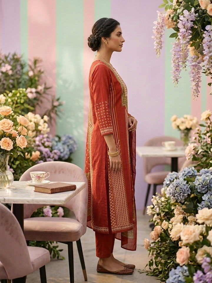 Neerus Maroon cotton printed suit set - detail view 1