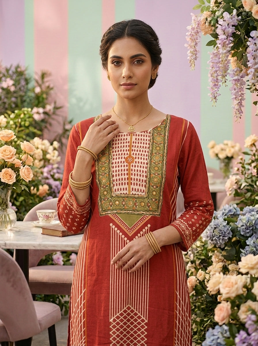 Neerus Maroon cotton printed suit set - detail view 2