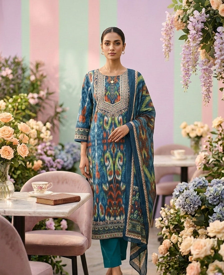 Neerus Blue cotton solid suit set - front view