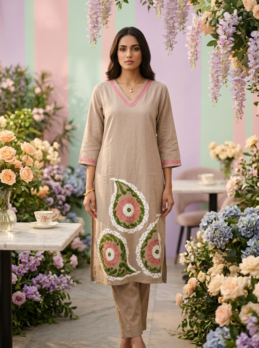 Neerus Brown cotton thread embroidered suit set - front view